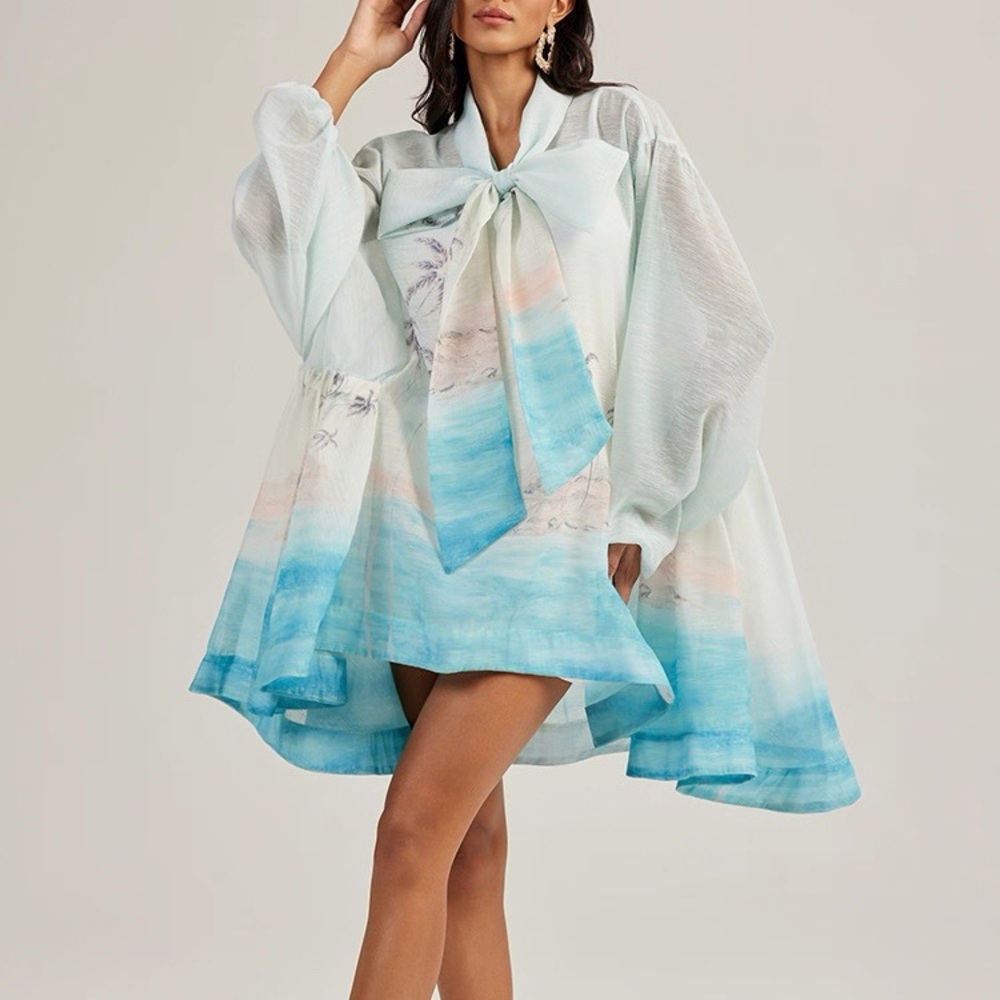 Designer-Style Blue and White Bow Dress